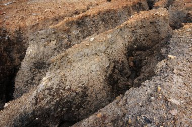 Kömür madenciliğinin çevreye etkisi. Madencilik konumu ıslah edilmeden terk edilmiş. Konum: Sangatta, Doğu Kalimantan / Endonezya.                                                              