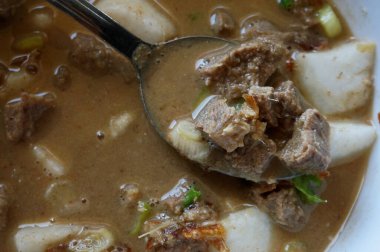 Coto Makassar, Güney Sulawesi / Endonezya 'dan geleneksel sığır eti çorbası. Seçici Odaklanma                                                              