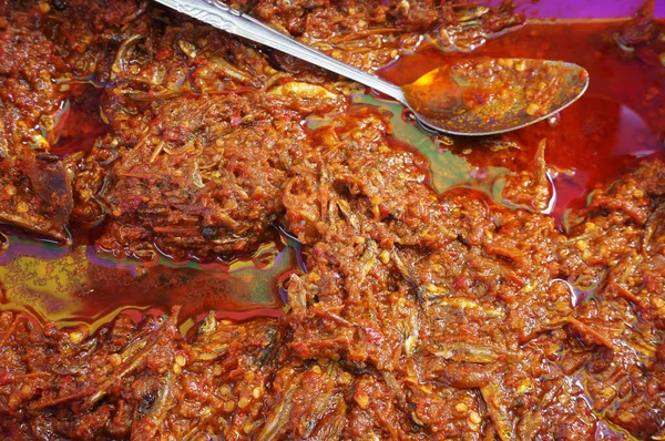 Sambal Goreng Ikan Teri Indonesio Anchoas Dulces Picantes Salsa Frita — Foto de Stock