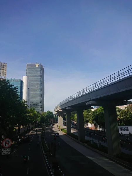 Jakarta Oktober 2022 Bovenaanzicht Verkeerssituatie Vlot Voorbijrijdend Voertuig Bovenaanzicht Morgens — Stockfoto