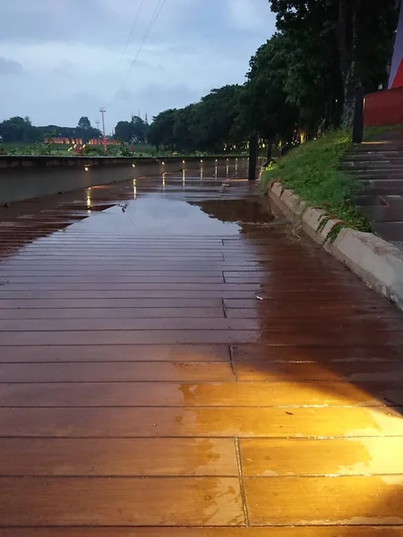 Tahta Islak Patikada Yaprak Ayak Yolu Akşam Yağmurdan Sonra — Stok fotoğraf