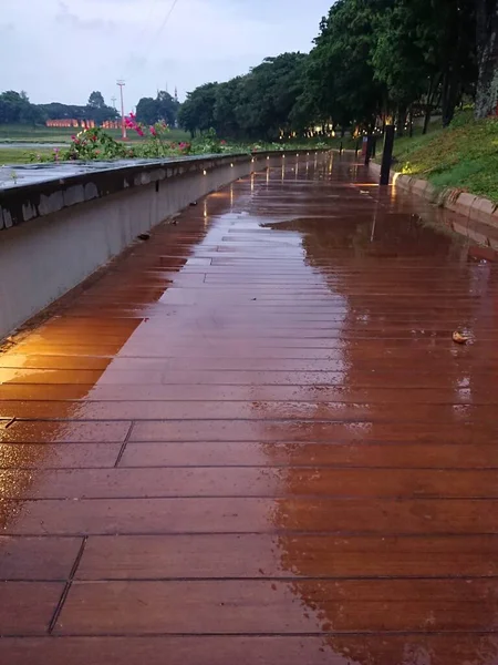 Foto Dari Jejak Kaki Kayu Basah Jejak Kaki Setelah Hujan — Stok Foto