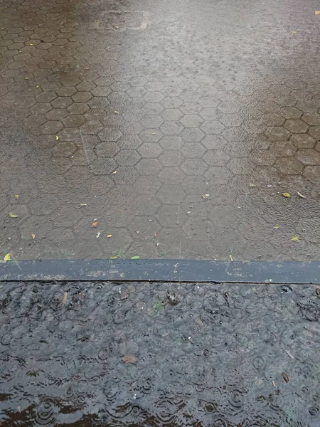 Nahaufnahme Regenwasser Tropfen Pflasterstein — Stockfoto