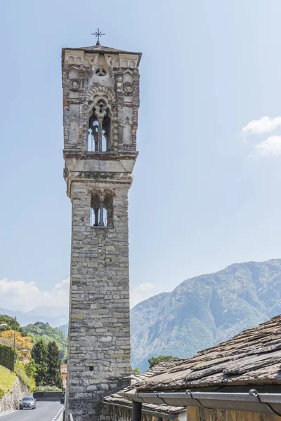 stock image Beautiful stone bell tower in Comacina in the Lake Como