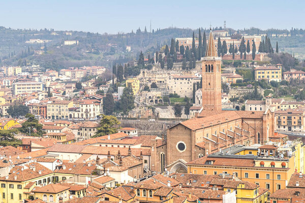 Verona, Italy - 03-04-2022: Aerial view of the skyline of Verona with a beautiful church