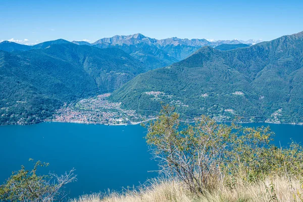 stock image Aerial view of Lake Maggiore, Cannobio and the Cannobina Valley mountains