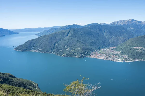 stock image Aerial view of the Lake Maggiore with blue sky from a mountain