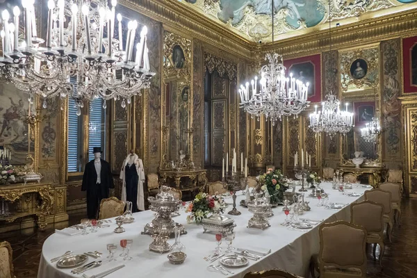 stock image Turin, Italy - 05-06-2022: The beautiful Dining Room in the Royal Palace of Turin with splendid crystals