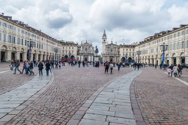 stock image Turin, Italy - 05-06-2022: The crowded Piazza San Carlo in Turin on a cloudy Sunday