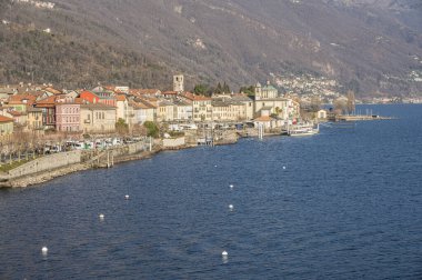 High angle view of the lakefront of Cannobio and Lake Maggiore