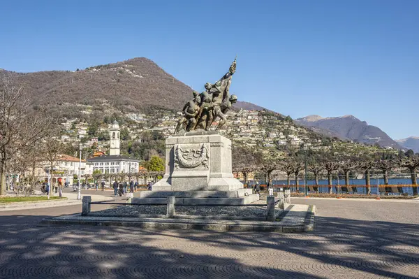 Cernobbio, italy - 03-03-2023: Beautuful square with monument in the promenade of  Cernobbio