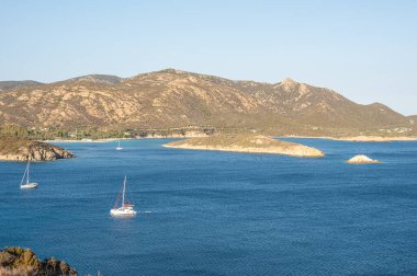 Aerial view of the Malfatano Gulf in the south of Sardinia with many beautiful beaches and blue and turquoise water clipart