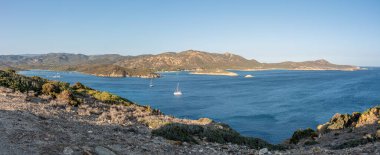 Aerial view of the Malfatano Gulf in the south of Sardinia with many beautiful beaches and blue and turquoise water clipart