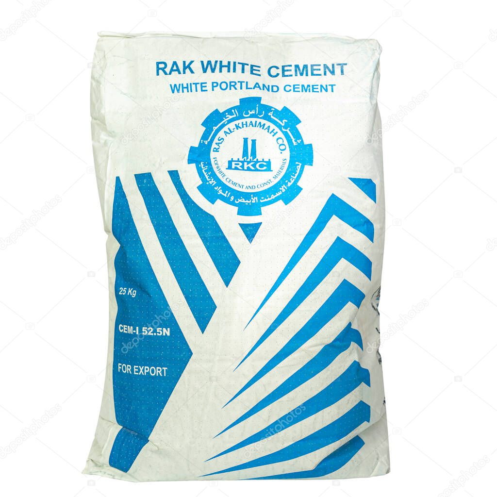 Lima, Peru, April 15, 2023: RAK White Cement Bag Packaging Isolated