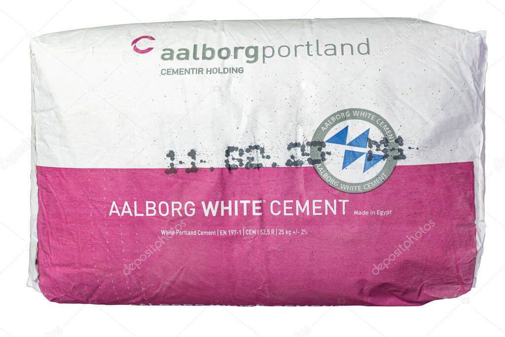Lima, Peru, April 15, 2023: Aalborg White Cement Sack Packaging 25kg