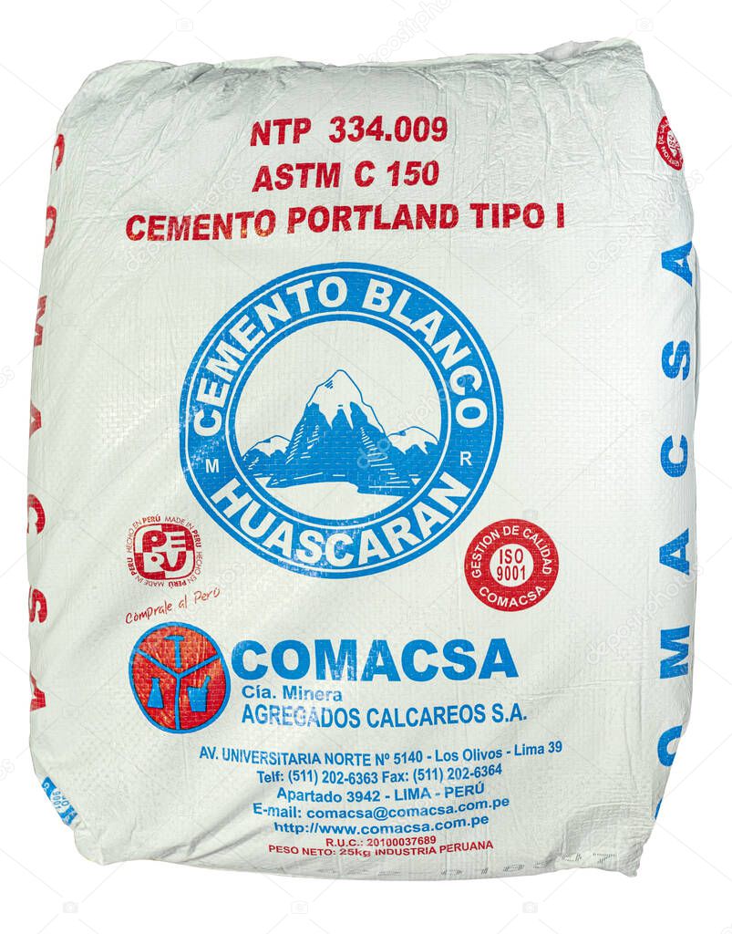 Lima, Peru, April 15, 2023: Huascaran White Cement Bag Portland Type I Comacsa Peru