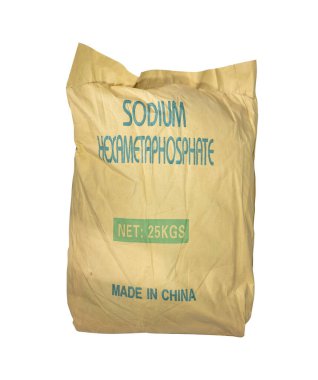 Lima, Peru, 15 Nisan 2023: Sodyum Hexametafosfat SHMP 25 kg ambalaj