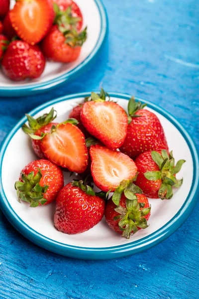 Fresh Strawberries Bowl Blue Wooden Background Close — Stock Photo, Image