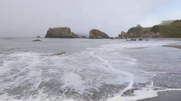Gentle Waves Lapping Shore Rocks Sea Stacks Harris Beach State — Stock Video