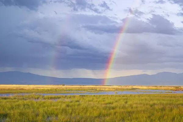 Çift gökkuşağı, Lassen County California 'nın bataklık bölgesinde bir bahar öğleden sonra çekilmiş.