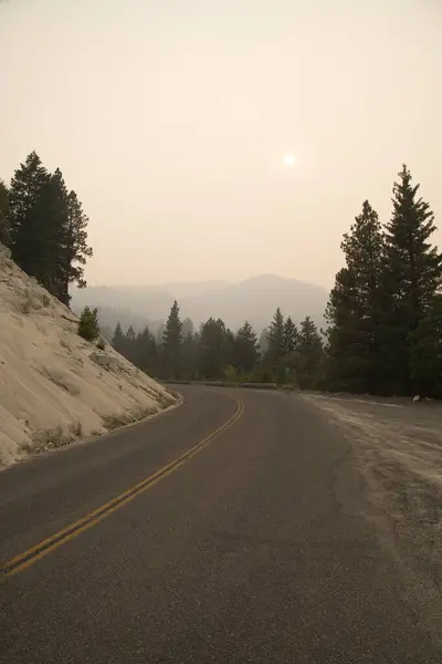 Lassen County, Kaliforniya 'daki Janesville Grade' de 2021 Dixie Yangınından kalma yoğun dumanla kaplı arka planda sisli orman dağları var..