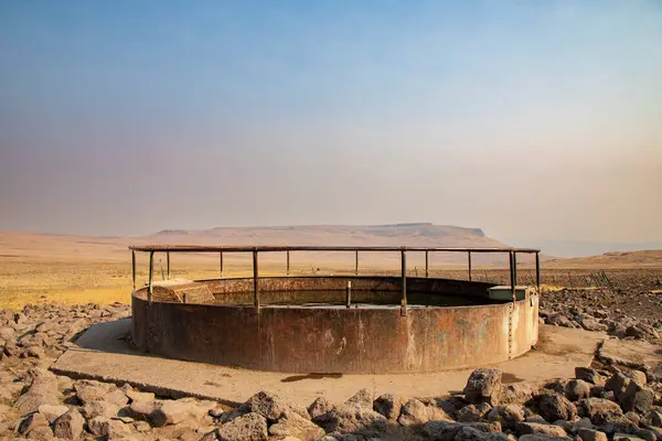 Yıpranmış bir su yalağı, Antelope Springs, Lassen County, Kaliforniya yakınlarındaki kurak Smoke Creek Çölü 'nde çiftlik hayvanları ve vahşi yaşam için gerekli suyu sağlıyor..