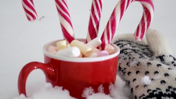 Karda Marşmelov Noel Şekeri Olan Kırmızı Bir Fincan Eldivenler Yakınlarda — Stok video