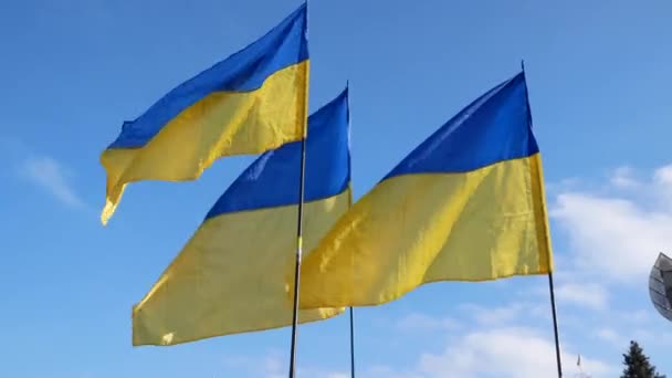 青い空に対するウクライナの黄色と青の旗 ウクライナ人はロシアの侵略との戦いに団結し 愛国心のデモンストレーション — ストック動画