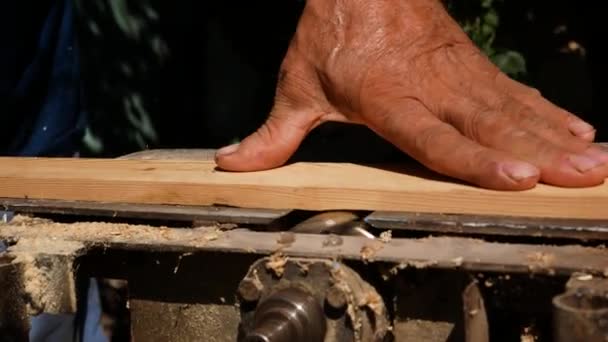 Tømrer Arbejder Træbearbejdningsmaskine Sliber Bræt Haven Træbearbejdning Arbejde Med Træplader – Stock-video