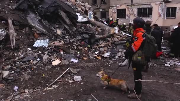 Dnipro Ukraine January 2023 Rescuer Stands Ruins Apartment Building Hit — Vídeo de stock
