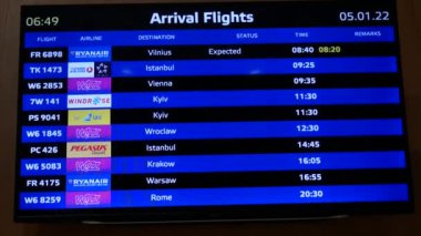 Kharkiv, Ukraine - Januuary, 6, 2022: Arrivals board at the airport