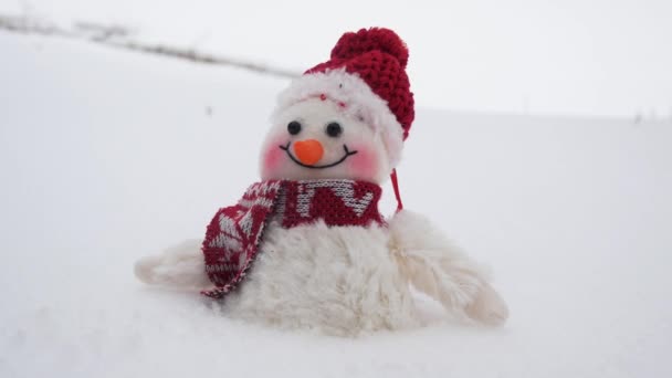 Figurine Toy Snowman Red Hat Snowdrift Winter Snowy Winter — Stock Video