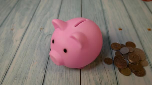 Unrecognizable Hand Puts Coins Piggy Bank Shape Pink Pig Home — Vídeo de Stock