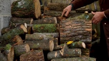 The hands of an unrecognizable man fold logs of firewood near the house. Preparing for winter. Alternative heating of the residential building with wood in winter. Energy crisis. No gas. Heating of