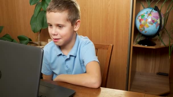 Cute Boy Years Old Sits His Room Front Laptop Online — Video