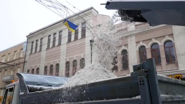 Kharkiv Ukraine December 2021 Snow Removal Equipment Unloads Snow Back — Vídeo de stock