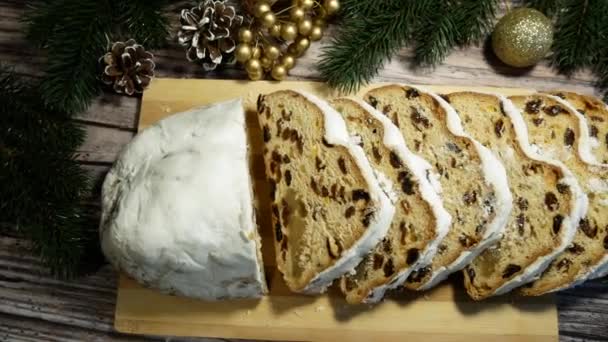 Stollen Christmas Cake Table Pieces Sliced Pie Board Festive Dessert — Stock videók
