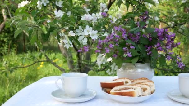 Table Set Tea Drinking Garden Spring White Cups Plate Pie — стоковое видео