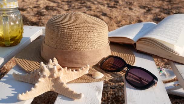 Straw Hat Starfish Glasses Book Beach Lounger Travel Vacation Sea — Stockvideo
