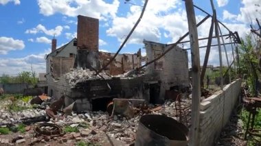 Destroyed by heavy artillery house in the village. Real war. Ukraine is at war with Russia