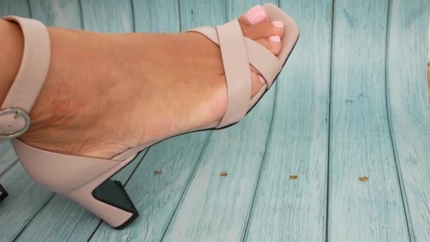 Womens Legs Beautiful Light High Heeled Sandals Girl Admires Fashionable — Stockvideo