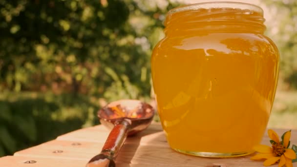 庭の木製のテーブルの上に新鮮な黄金の蜂蜜の瓶 近くには木製のスプーンがある パノラマ — ストック動画