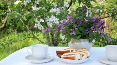 Baharda bahçede çay içmek. Arka planda fincanları, turtası ve çiçekli ağacı olan masa servisi.