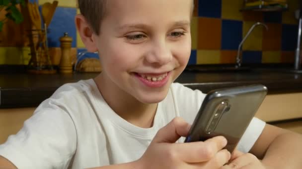 Menino Bonito Anos Sorri Fala Olhando Para Tela Smartphone Role — Vídeo de Stock