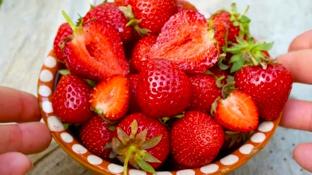 Reife Appetitliche Erdbeeren Einer Schüssel Hände Bewegen Einen Teller Erdbeeren — Stockvideo