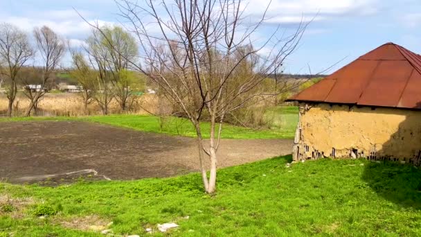 漂亮的小房子 有黏土墙和红色的屋顶 背景是绿草的草地 花园和早春的蔬菜园 春初清澈清澈的乡村风景 — 图库视频影像