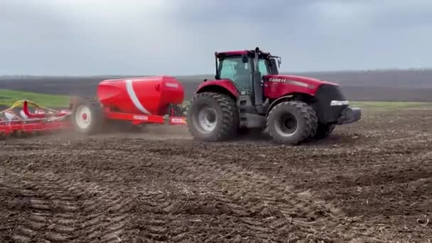Kharkiv Ukraine April 2023 Tractor Seeder Rides Plowed Field Planter — Stock Video
