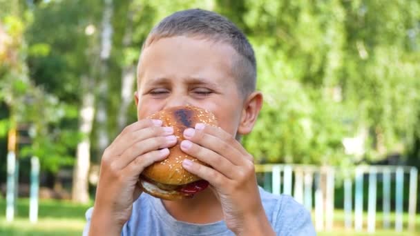 귀여운 소년은 여름에 공원에서 햄버거를 즐긴다 음식의 거리에 패스트 패스트 — 비디오