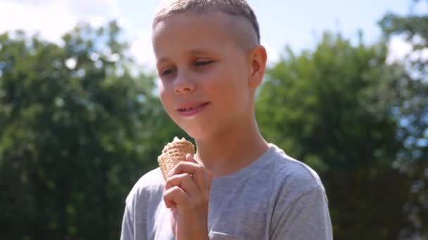 一个男孩在公园里吃了一个冰激淋锥 甜甜的冷甜点作为一种款待 公园里散步时的快乐时光 — 图库视频影像