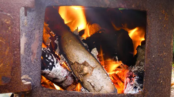 Burning logs in the oven. Fire. Heating in the furnace. Concept of cozy warm autumn evening